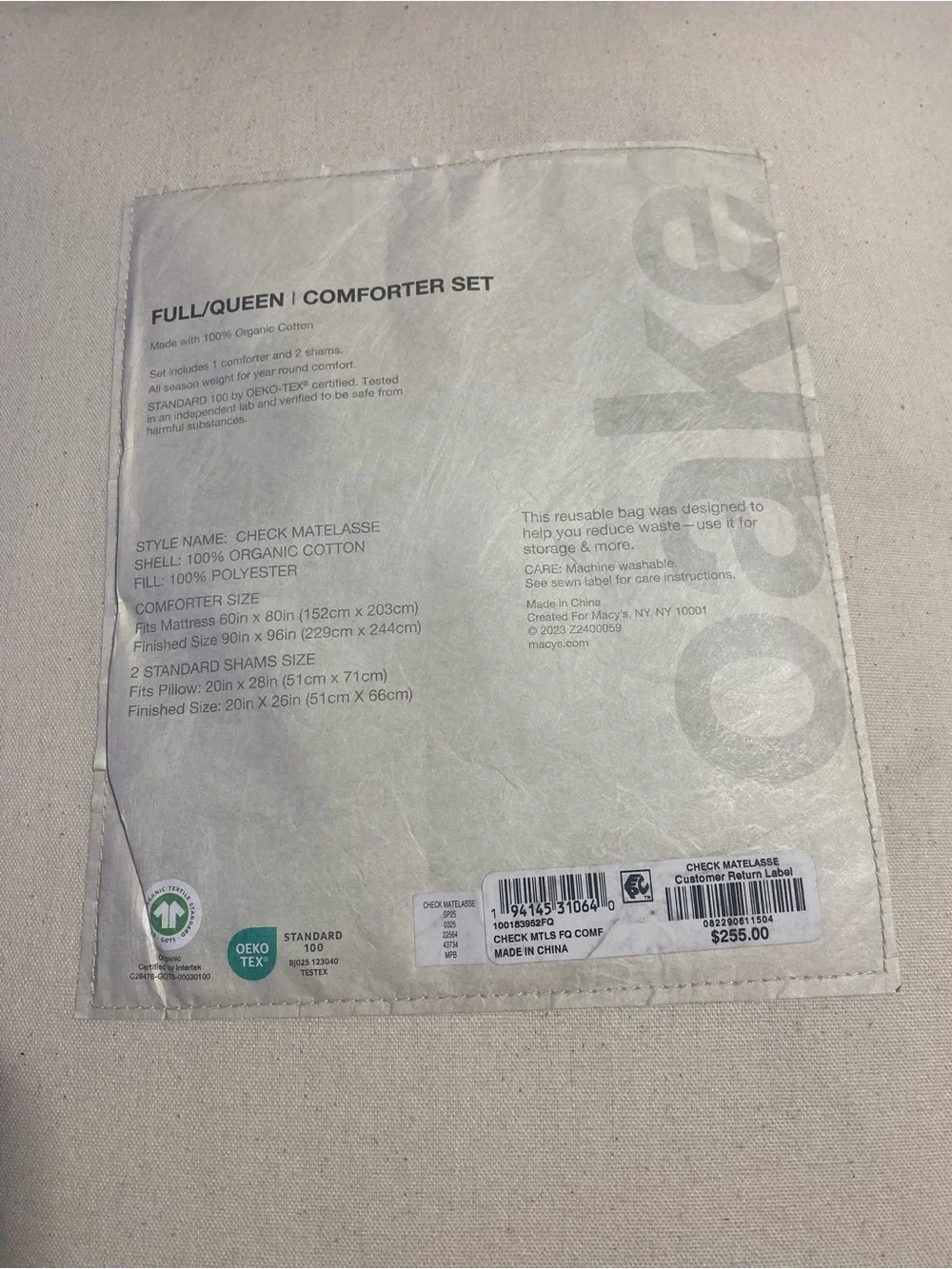 Oake Organic Cotton Check Matelassé 3-Pc. Comforter Set, Full/Queen white
